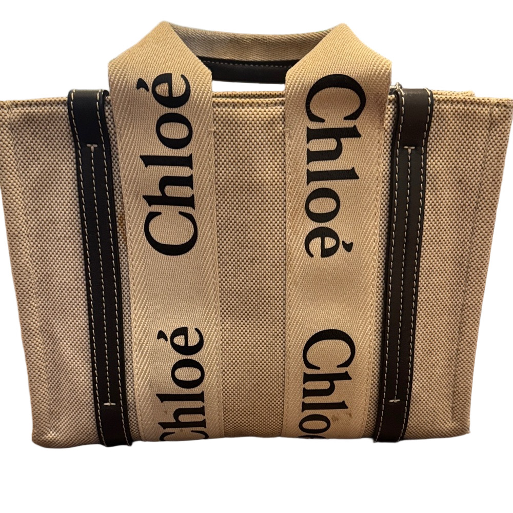 Chloé Woody Canvas Tote Black Leather Trim Bag Size Small Rehab Bag 03217565